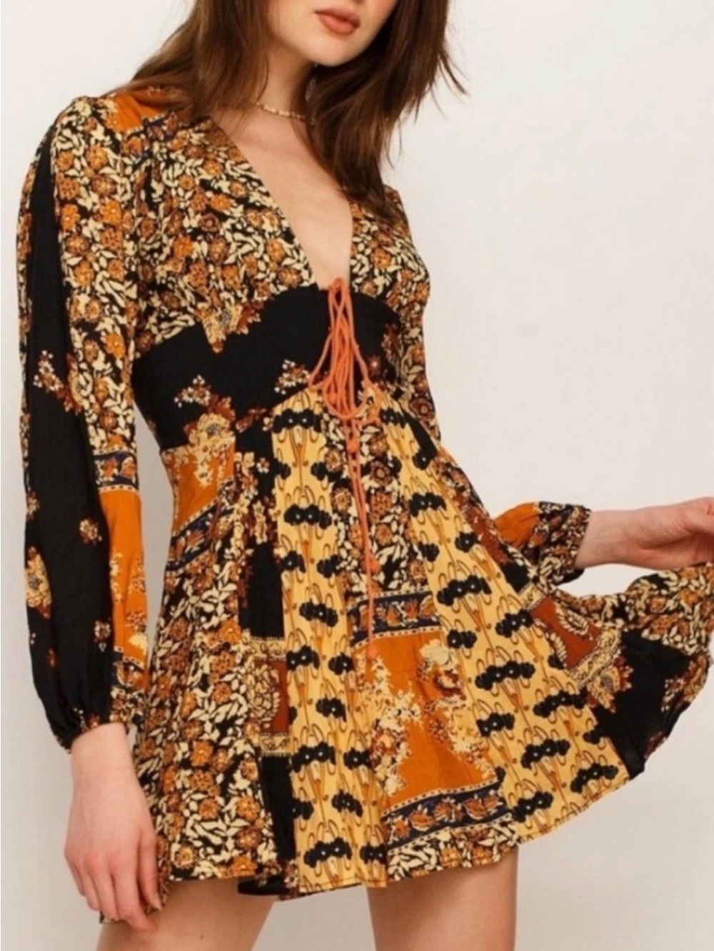 FREE PEOPLE Boho Floral V-Neck Mini Dress in Black & Mustard, size M